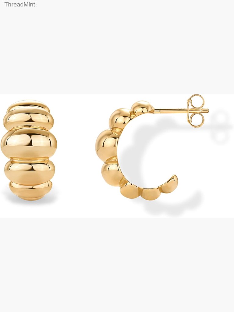 14k Gold Plated Chunky Ridge Hoop Earrings - Puffy Croissant Huggie Hoops
